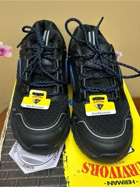Herman Survivors Cary Womens Size 8 Leather Slip Resistant Soft Toe Shoes-Blk/BL